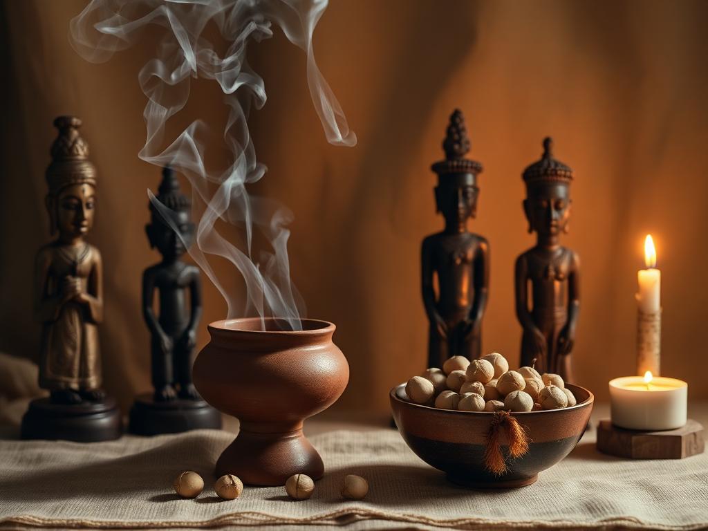 Ancestor blessing ritual: incense smoke rising before carved ancestral figures