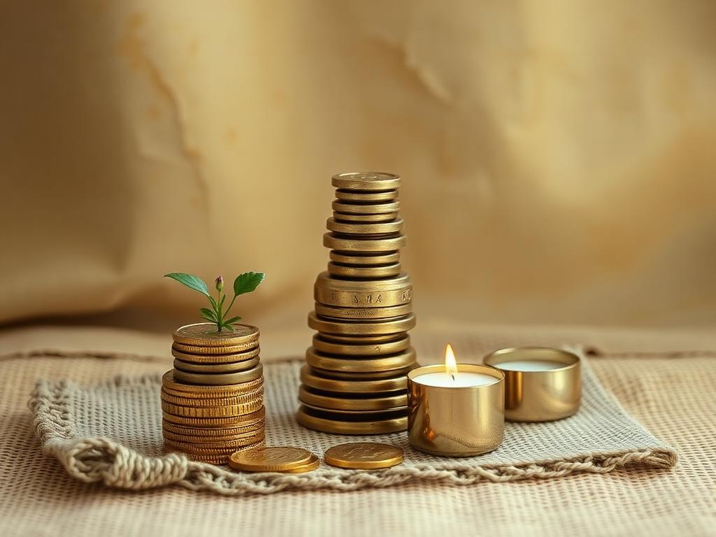 Business growth ritual: rising stacks of gold coins with a green shoot and candle