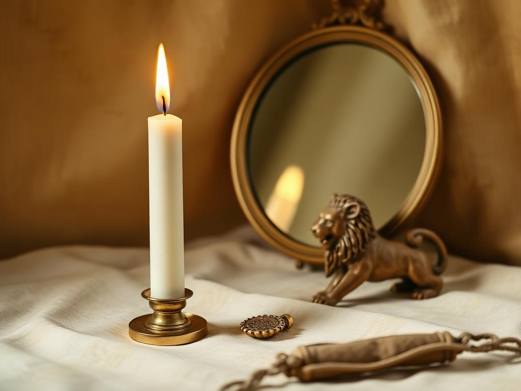 Confidence ritual: a tall bright candle beside a brass mirror and lion charm
