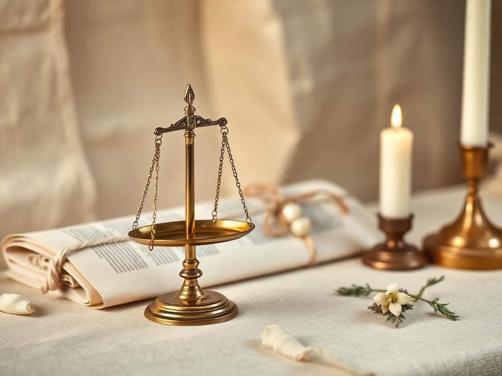Court case favour ritual: a balanced brass scale beside a bound document and candle