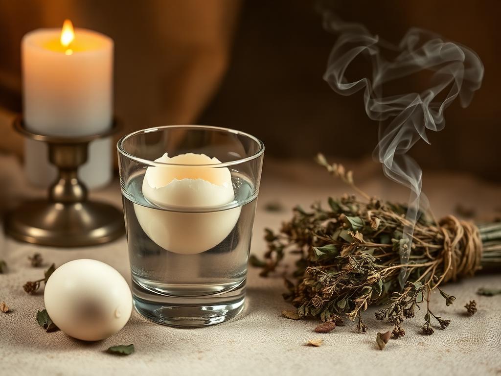 Evil eye removal ritual: an egg cleansing in a glass of water beside smoking herbs