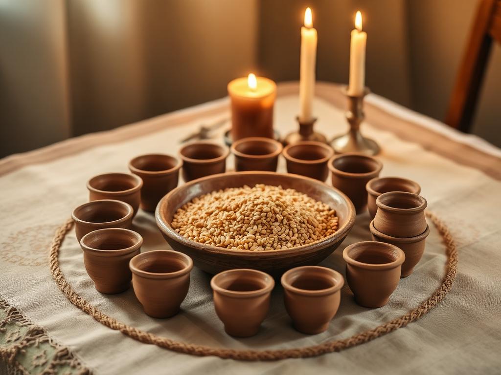 Family peace ritual: clay cups circling a shared bowl of grain by candlelight
