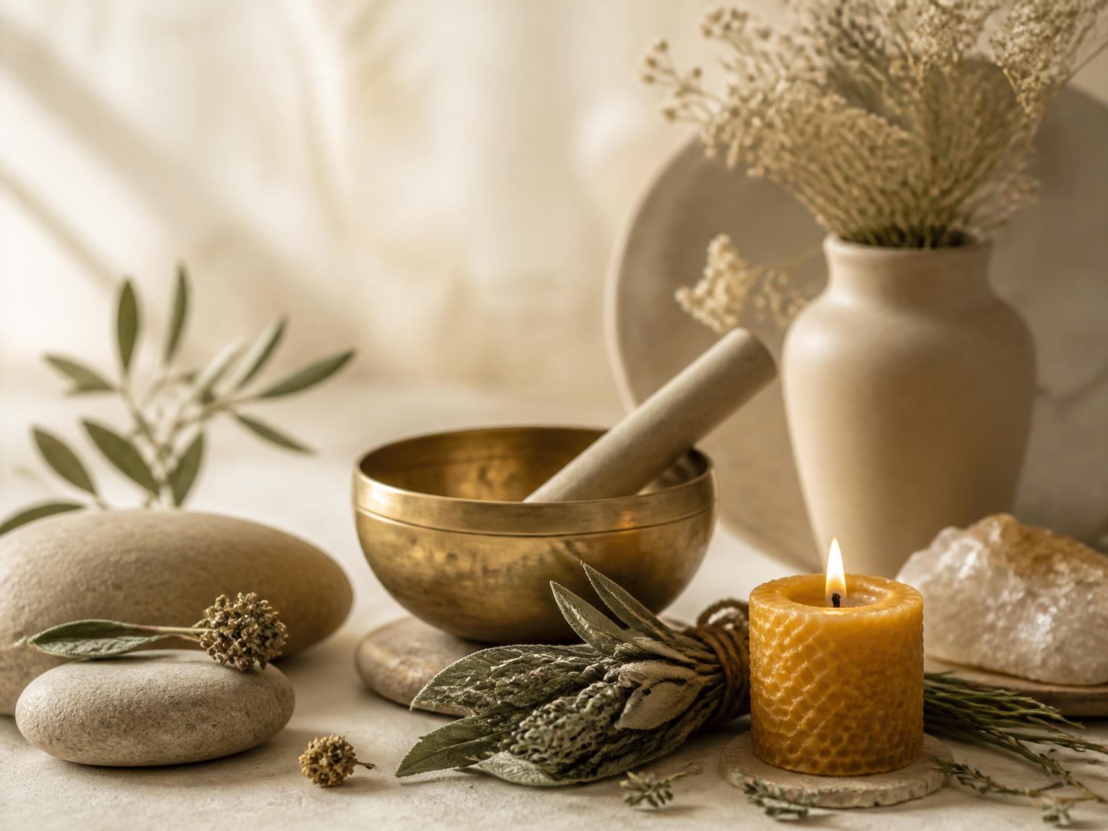 Ritual bowl, sage bundle and candle prepared for a spiritual cleansing