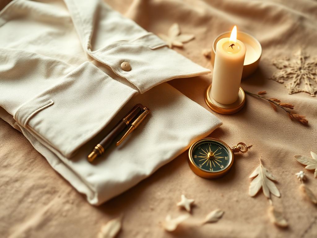 Job success ritual: a pressed linen shirt with a blessed pen, compass and candle