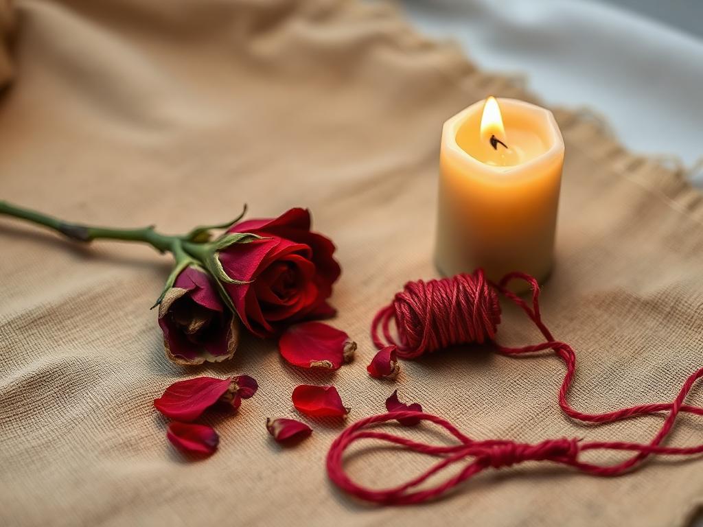 Love attraction ritual altar with dried rose petals, red thread and a lit candle