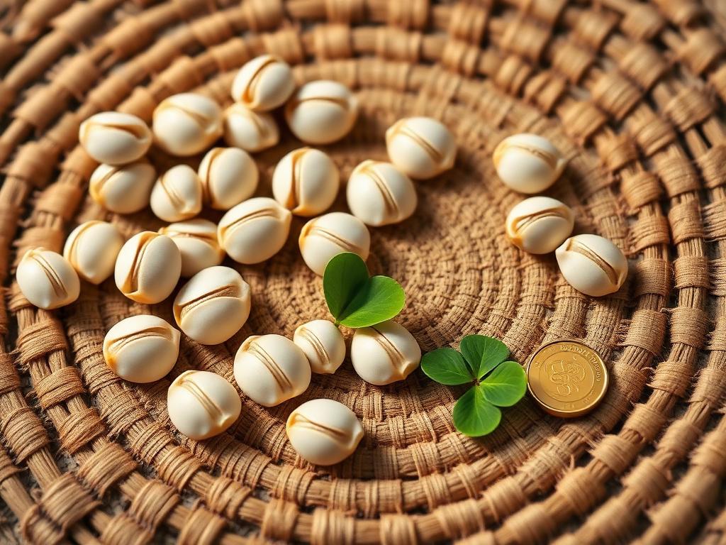 Luck and opportunity ritual: cast cowrie shells on a woven mat with clover and a gold coin