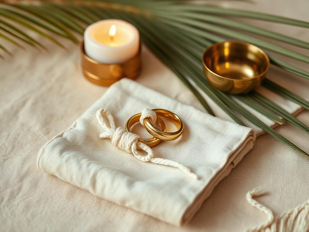 Marriage blessing ritual: two gold rings bound with white thread on folded linen