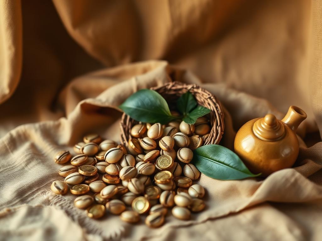 Money attraction ritual: gold coins and cowrie shells spilling from a woven basket