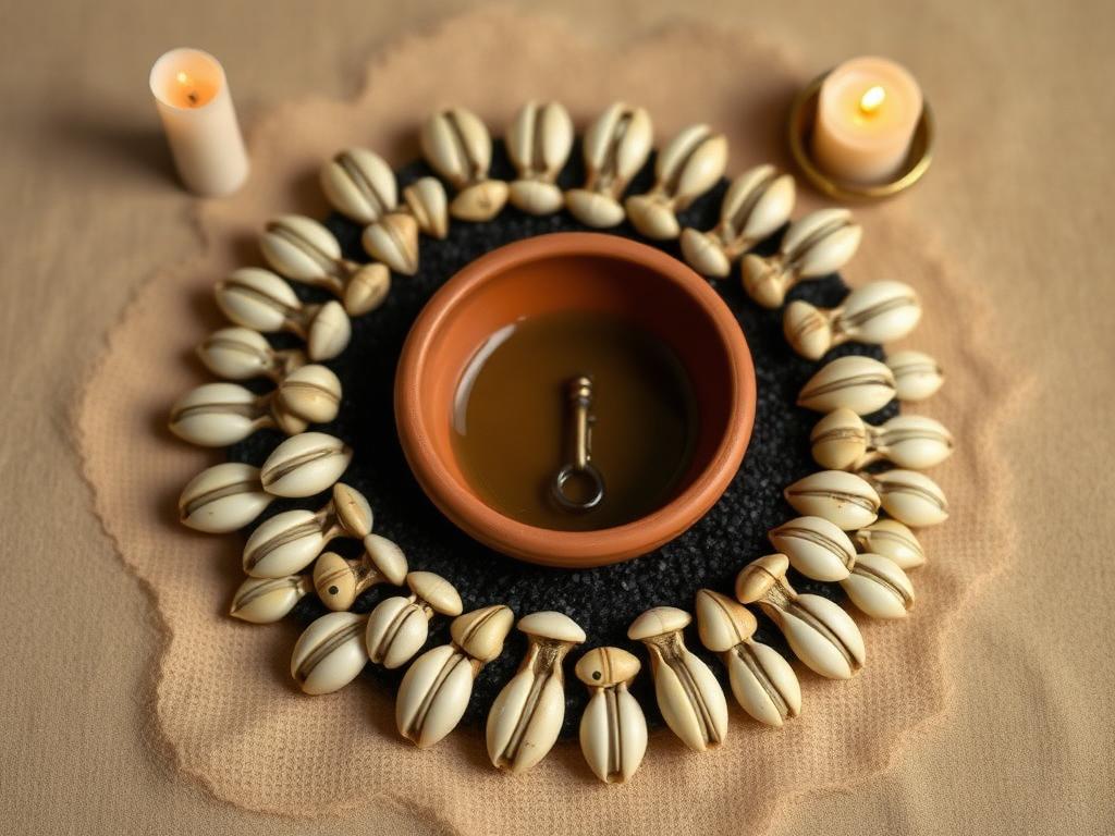 Protection ritual: a ring of cowrie shells and black salt around a clay bowl of water