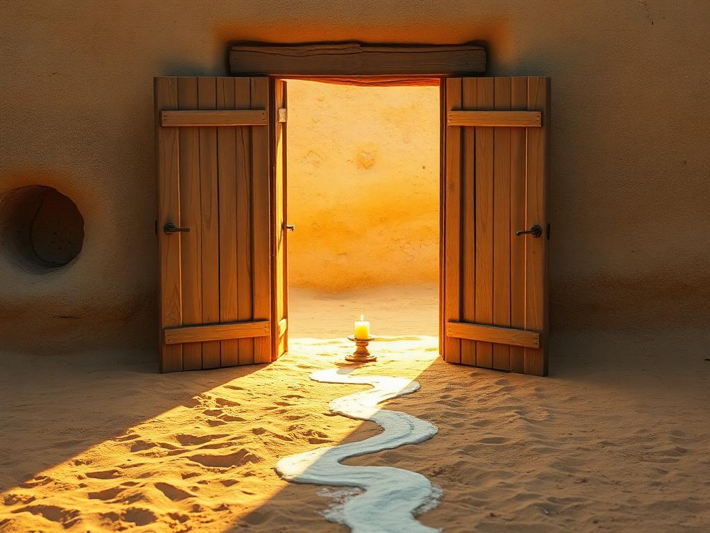 Road opening ritual: an open doorway with golden light and a chalk path leading out
